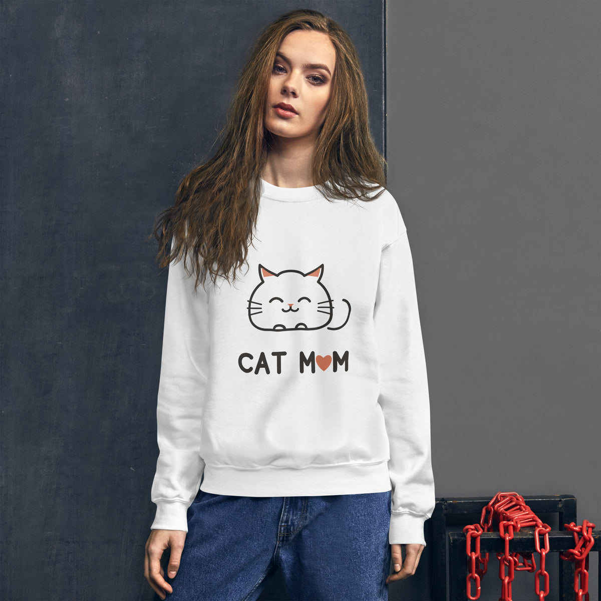 Cat Mom Sweatshirt in White, front view – CatLoft Co.