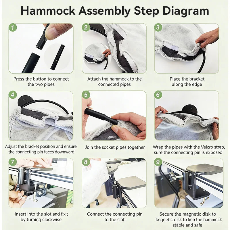 Step-by-step assembly diagram for the Adjustable Cat Desk Bed clamp-on hammock