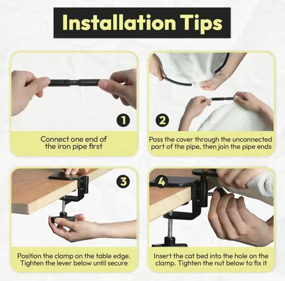 Installation tips for the Adjustable Cat Desk Bed: connect the clamp pipe, position it on the table edge, and tighten to secure