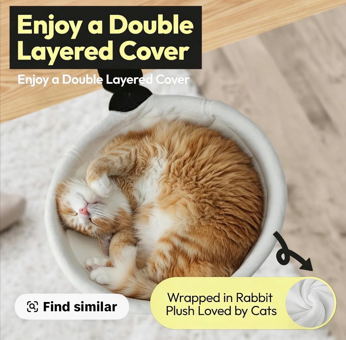 Cat sleeping in the Adjustable Cat Desk Bed's double-layered, rabbit-plush wrapped cover