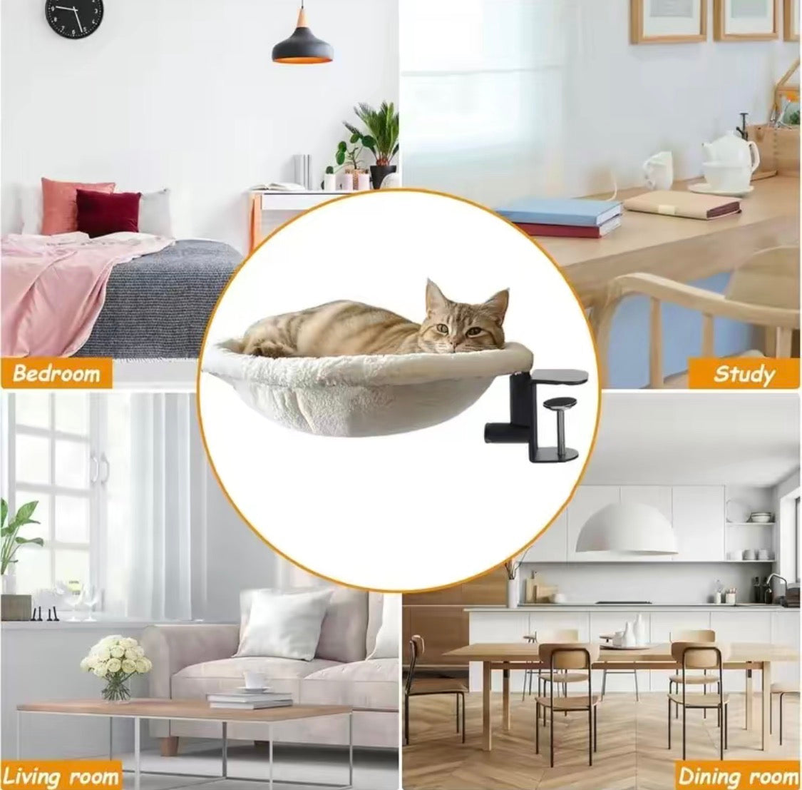Cat relaxing in the Adjustable Cat Desk Bed, shown mounted in a bedroom, study, living room, and dining room
