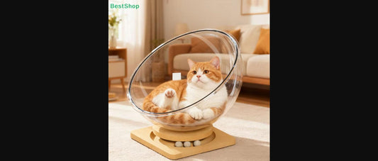 Orange and white cat curled up in the Rotating Cozy Cat Bed's clear spherical shell on a wooden base