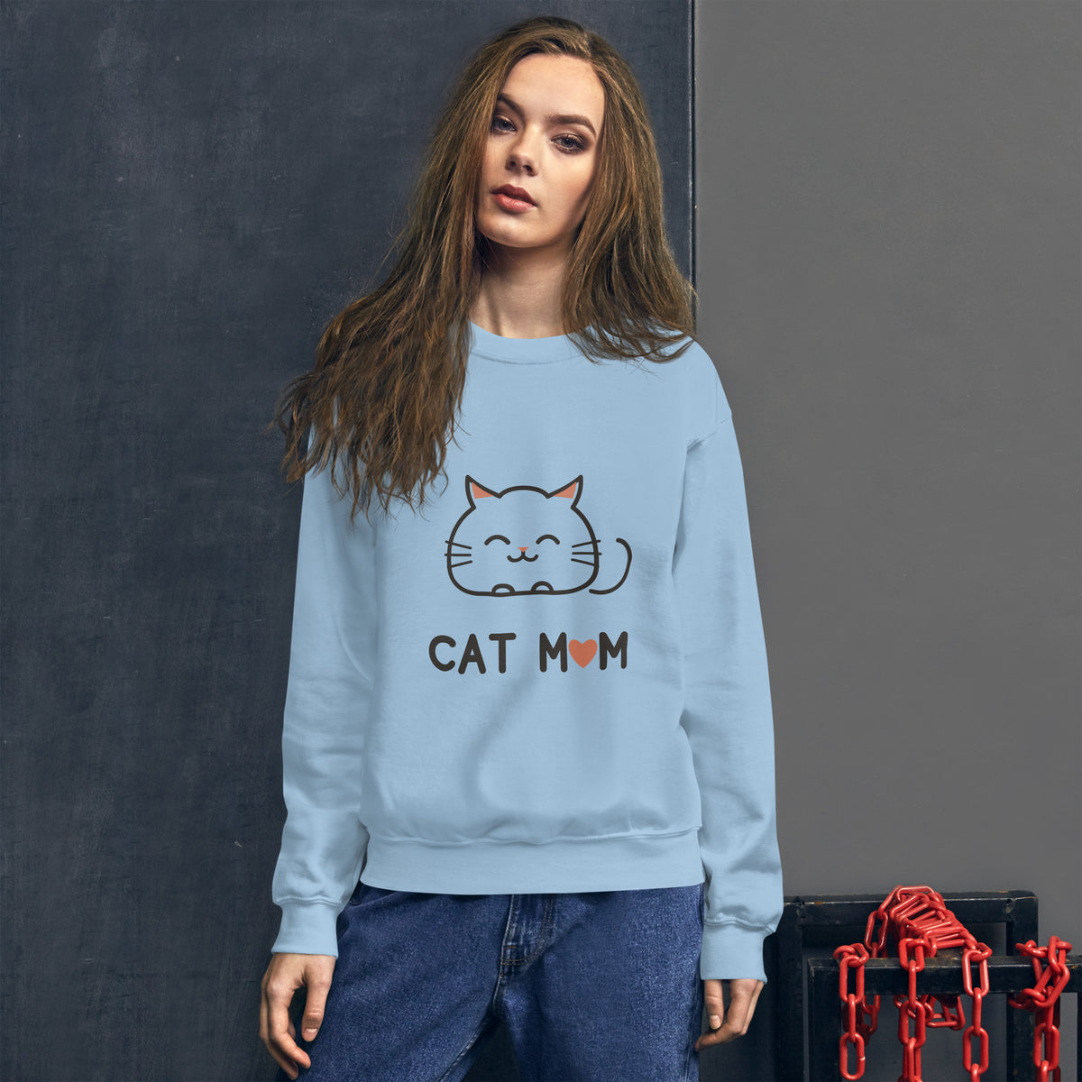 Cat Mom Sweatshirt in Light Blue, front view – CatLoft Co.